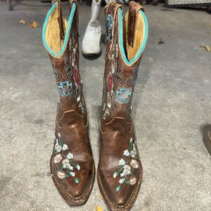 Embroidered Brown Cowboy Boots with Floral Design